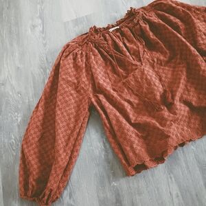 Ulla Johnson Eyelet Cotton Tassel Tie Balloon Sleeve Rust Blouse Size 10 / Large